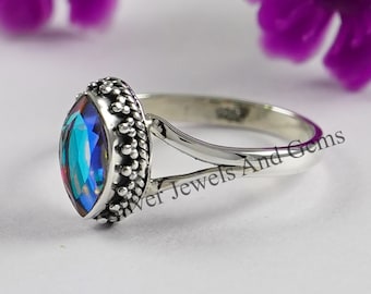 Anello in quarzo aura angelo marquise, argento sterling 925, delicato anello con pietra preziosa