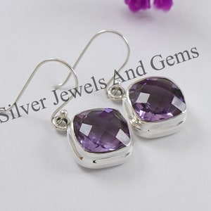 Handgemachte Sterling Silber Amethyst Ohrringe, quadratischer Checker Schliff, Februar Geburtsstein