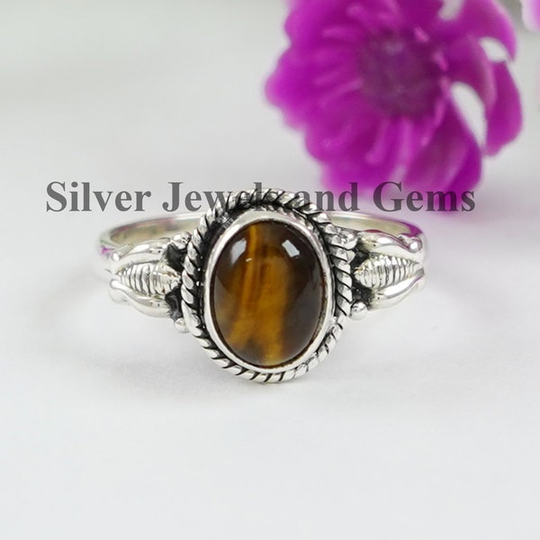 Anillo de ojo de tigre, anillo de diseño de abeja de miel, anillo ovalado, regalo para ella, plata de ley 925, anillo de aniversario, anillo de promesa, anillo de plata hecho a mano