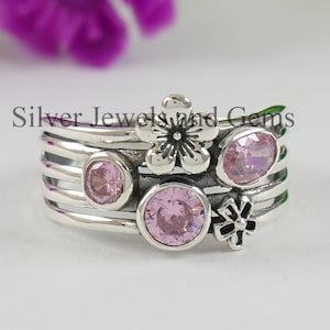Pink Cubic Zirconia Ring, Multistone Ring, Handmade Birthday Ring, 925 Sterling Silver Ring, Designer Ring, Gift for her, Promise Ring