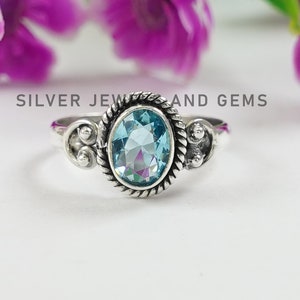 Blue Topaz Ring, Handmade Dainty Ring, Oval Topaz Ring, 925 Sterling Silver Ring, Wedding Ring, December Birthstone, Blue Gemstone Ring