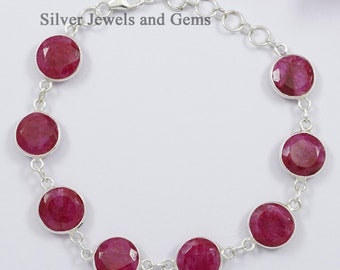 Pulsera de rubí rojo, pulsera con bisel de piedras preciosas redondas, pulsera hecha a mano, pulsera de plata de ley 925, regalo para esposa, pulsera ligera
