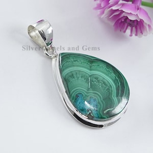 Natural Chrysocolla Malachite Pendant, 925 Sterling Silver Pendant, Teardrop Chrysocolla Malachite Pendant, Gift for Women, Handmade Pendant