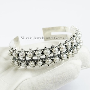 Natural White Pearl Cuff Bracelet, 925 Sterling Silver Statement Bracelet, Wedding Bracelet, Handmade Bracelet, Round Pearl Bracelet