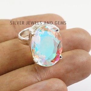 Anel de quartzo Angel Aura, anel de prata esterlina 925, anel feito à mão para ela, anel oval de quartzo Aura, aliança de casamento, anel com pedras preciosas, presente para ela