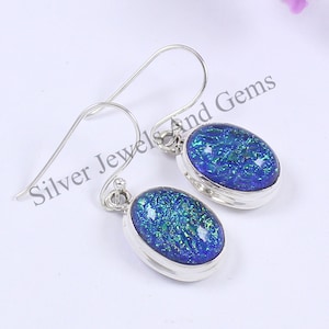 Blue Opal Earrings, Oval Imitation Opal Earrings, Gift for Friends, Handmade Earrings, 925 Sterling Silver Earrings, Gemstone Earring