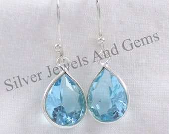 Natürliche Blautopas Ohrringe, Handgemachte Ohrringe, 925 Sterling Silber, Blautopas Ohrringe, Geschenk für sie