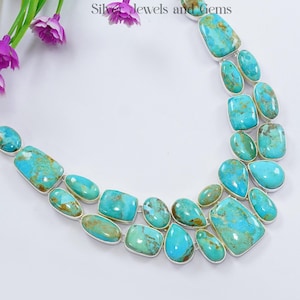 Natural Kingman Turquoise Necklace, Cluster Necklace, 925 Sterling Silver Necklace, Gift for Wife, Turquoise Statement Necklace
