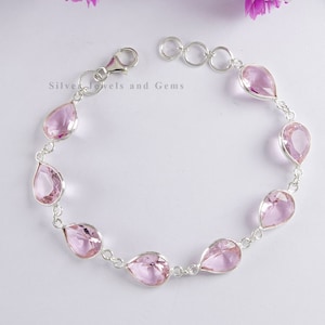 Natürliche Rosa Quarz Armband, 925 Sterling Silber Armband, Frauen Armband, Teardrop Quarz Armband, Hochzeitsarmband, handgemachtes Armband