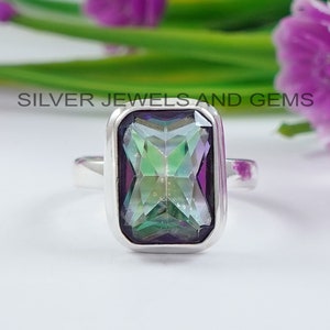 Natural Mystic Topaz Ring, Handmade Ring for Her, 925 Sterling Silver Ring, Rectangle Gemstone Ring, Gift for Mother, Anniversary Ring