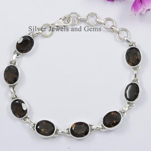 Natural Smoky Quartz Bracelet, Handmade Bracelet, 925 Sterling Silver Bracelet, Oval Smoky Topaz Bracelet, Gift for Mom, Birthstone Bracelet