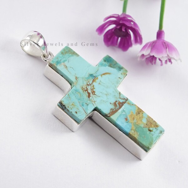 Arizona Turquoise Cross Pendant , Anniversary Pendant, 925 Sterling Silver Pendant, Handmade Pendant, Cross Shape Gemstone Pendant