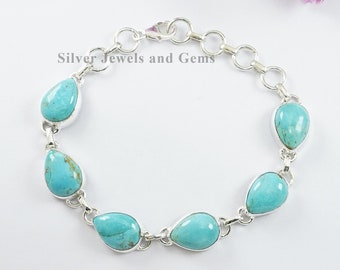 Teardrop Arizona Turquoise Bracelet, 925 Sterling Silver, Adjustable Bracelet