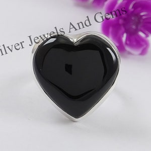 Natural Black Onyx Ring, Onyx Heart Ring, 925 Sterling Silver December Birthstone Ring, Gift for Wife, Gemstone Ring, Handmade Ring