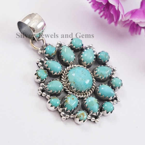 Kingman Turquoise Cluster Pendant, 925 Sterling Silver Pendant, Natural Turquoise Pendant-Multi Stone Pendant, Birthday Pendant