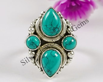 Round Teardrop Turquoise Ring: Handmade 925 Sterling Silver December Birthstone