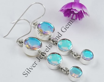 Natürliche Engel Aura Quarz Ohrringe, Handgefertigte Ohrringe, 925 Sterling Silber Runde Aura Quarz Ohrringe, Lange Ohrringe, Multi Stone Ohrringe