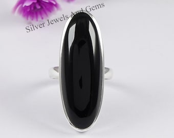 Natural Black Onyx Ring-Handmade Silver Ring-925 Sterling Silver Ring-Oval Black Onyx Designer Ring-December Birthstone-Long Onyx Ring