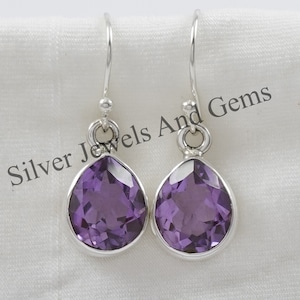 Natural Amethyst Earrings-Handmade Silver Earrings-925 Sterling Silver-Teardrop Amethyst Earrings-February Birthstone-Dangle Drop Earrings