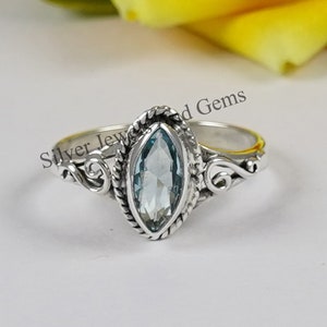 Bague topaze bleue naturelle, bague délicate, bague en argent 925 avec topaze marquise, bague d'anniversaire, bague de créateur avec pierre de naissance de décembre, cadeau pour elle