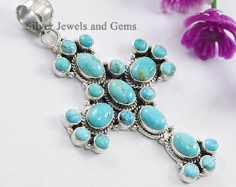 Ciondolo a croce turchese, ciondolo con pietre multiple in turchese Kingman blu, ciondolo da sposa, ciondolo in argento sterling 925, ciondolo con pietra preziosa