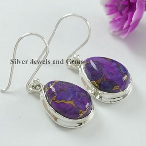 Natural Purple Copper Turquoise Earrings, Handmade Earring, 925 Sterling Silver Teardrop Turquoise Earrings, Anniversary Earrings