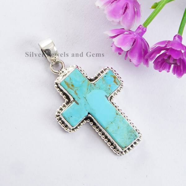 Pendentif croix turquoise, pendentif cadeau, pendentif pierre de naissance décembre en argent sterling 925, pendentif turquoise Arizona, pendentif bohème en forme de croix