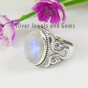 Rainbow Moonstone Ring, Handmade Ring for Her, Boho Ring, 925 Sterling Silver Ring, Oval Gemstone Designer Ring, Anniversary Gift