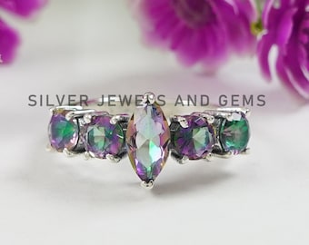 Mystic Topaz Ring, Eternity Ring, Handmade Ring, 925 Sterling Silver, Multi Stone Ring, Marquise Round Topaz Ring, Wedding Gift for Her