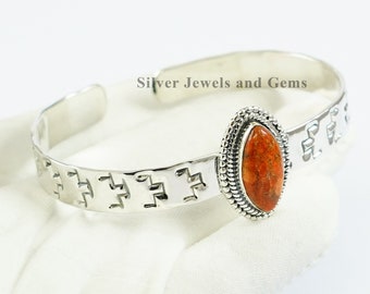 Pulsera de coral natural, joyería de coral esponja en plata de ley 925, pulsera de boda, pulsera de piedra preciosa naranja, pulsera del suroeste