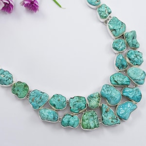 Natural Raw Turquoise Cluster Necklace, 925 Sterling Silver Necklace, Rough Turquoise Jewelry, Statement Necklace, Wedding Necklace
