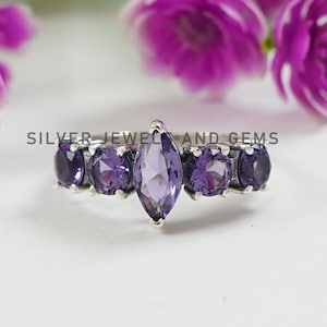 Multi Amethyst Ring, Eternity Band Ring, Handmade Ring, 925 Sterling Silver, Marquise Round Stone Ring, Wedding Ring, Purple Gemstone Ring