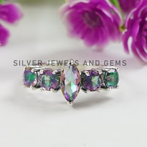 Mystic Topaz Eternity Ring, Handmade 925 Sterling Silver Multi Stone Ring, Marquise Round Topaz Ring, Wedding Gift for Her