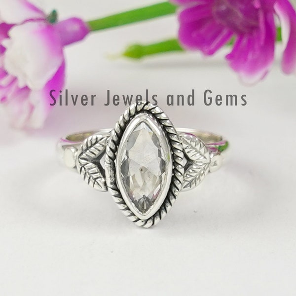 White Topaz Ring, Gemstone Ring, Handmade Silver Ring for Her, 925 Sterling Silver, Marquise Topaz Ring, Pinky Finger Ring, Gift for Sister