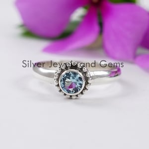 Natural Blue Topaz Ring, Dainty Ring, December Birthstone Ring, 925 Sterling Silver Ring, Round Topaz Ring, Birthday Gift, Light Weight Ring