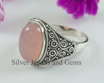 Bague en quartz rose naturel - Bague en argent faite main - Bague en argent sterling 925 - Bague en quartz rose ovale - Cadeau pour elle - Bague de promesse en pierre de naissance Capricorne