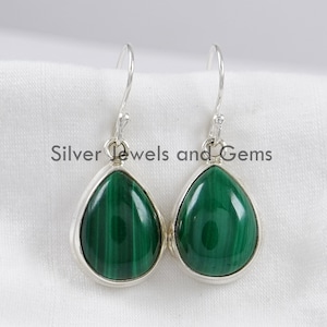 Genuine Malachite Earrings, Teardrop Earrings, Green Gemstone Earrings, Gift for Her, Handmade Earring, 925 Sterling Silver, Birthday Gift