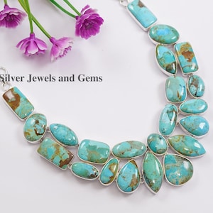 Natural Turquoise Cluster Necklace, 925 Sterling Silver Necklace, Gift for Mom, Turquoise Statement Wedding Necklace, Handmade Necklace