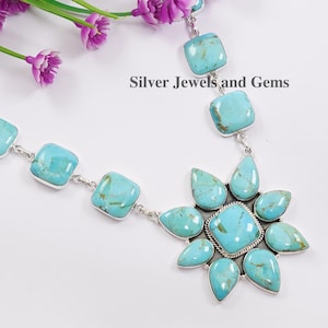 Natural Turquoise Statement Necklace, Wedding Necklace, 925 Sterling Silver Necklace, Multi Stone Cluster Necklace, Gemstone Necklace Gift