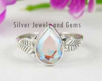 Teardrop Angel Aura Quartz Ring, 925 Sterling Silver Leaf Design