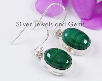 Oval Malachite Earrings, Handmade 925 Sterling Silver, Green Gemstone