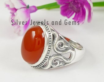 Carnelian Ring, 925 Sterling Silver Ring, Natural Gemstone Ring,  Wedding Ring, Oval Gemstone Ring, Filigree Ring