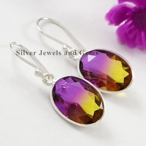 Oval Ametrine Quartz Sterling Silver Earrings, Handmade Bezel Gemstone Earring