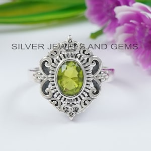Natural Peridot Ring, Adjustable Ring, Oval Gemstone Ring, Handmade Ring for Her, 925 Sterling Silver Ring, August Birthstone, Wedding Ring