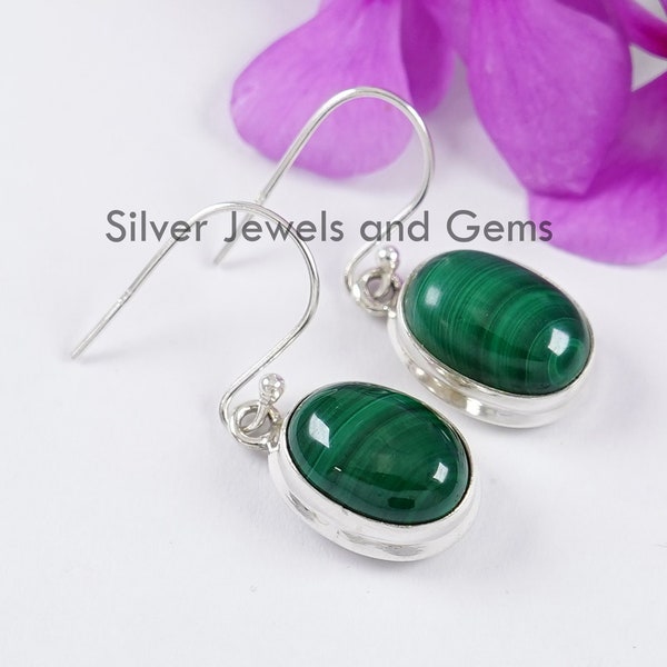 Natural Malachite Earrings, 925 Silver Earring, Oval Earrings, Handmade Earring, Green Gemstone Earrings, Gift for Her, Birthday Gift