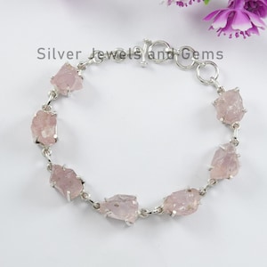 Raw Rose Quartz Bracelet, Gemstone Bracelet, 925 Sterling Silver Bracelet, Prong Setting Bracelet, Rough Rose Quartz Bracelet, Gift for Wife