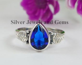 Teardrop Blue Quartz Ring: Sterling Silver Leaf Design Ring