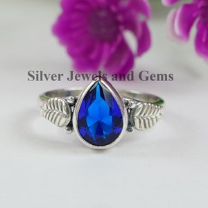 Bague quartz bleu, bague en argent sterling 925, bague motif feuille, bague larme, bague légère, cadeau pour elle, bague faite main pour cadeau