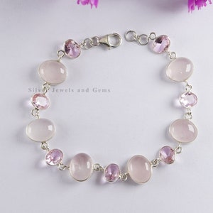 Natural Rose Quartz and Pink Quartz Bracelet, 925 Sterling Silver Bracelet, Women Quartz Bracelet, Birthday Bracelet, Light Weight Bracelet