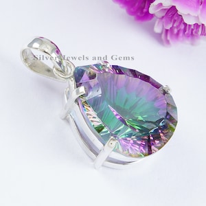Mystic Topaz Pendant, Big Mystic Pendant, 925 Sterling Silver Teardrop Mystic Pendant, Gift for her, Anniversary Pendant, Rainbow Gemstone